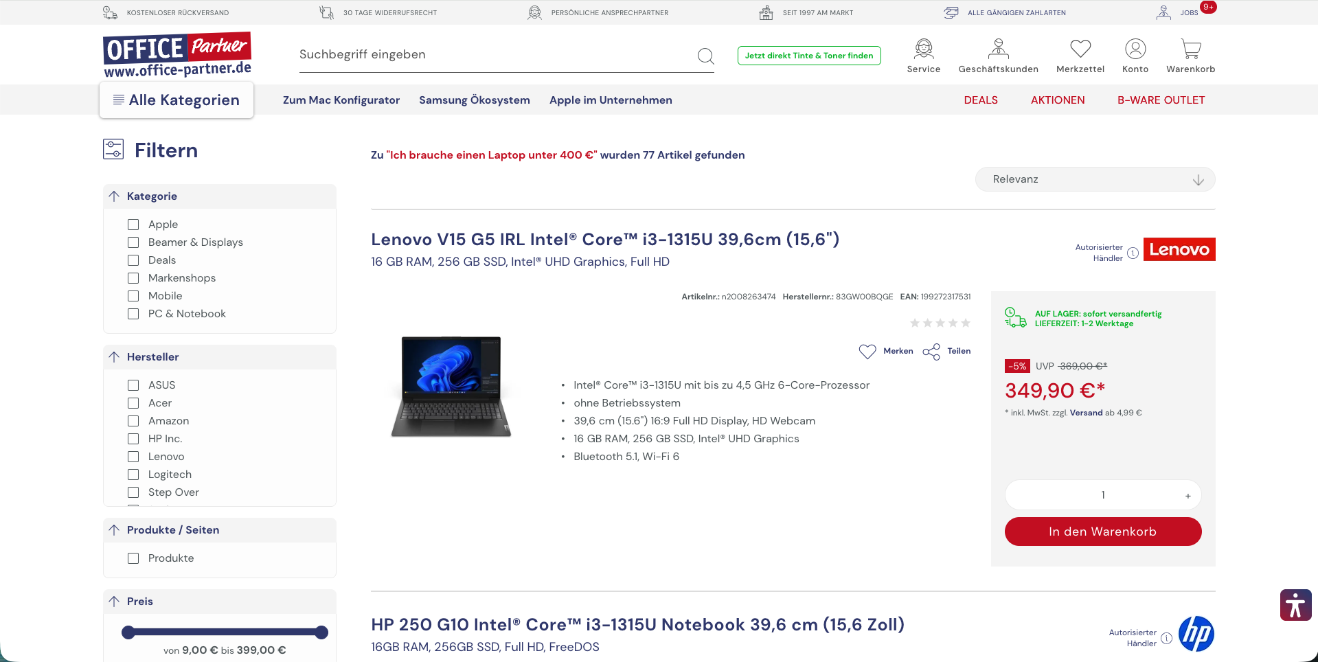 Screenshot Officepartner Webshop