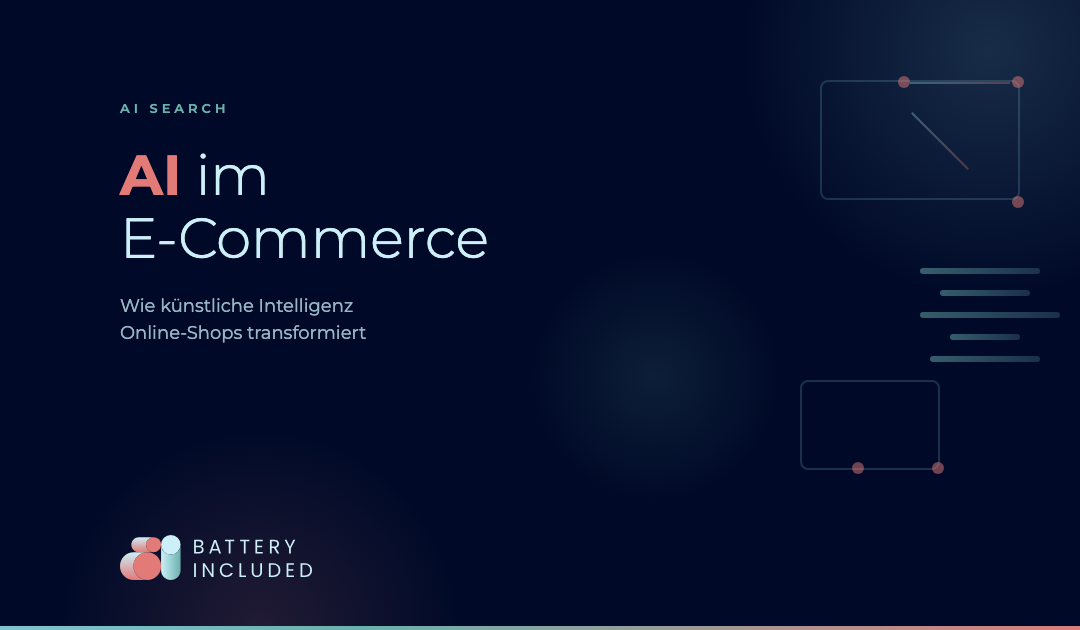 Infografik zu AI im E-Commerce: Abstrakte Darstellung von Datenflüssen und KI-Netzwerken symbolisiert, wie künstliche Intelligenz Online-Shops durch semantische Suche und intelligente Empfehlungen transformiert.