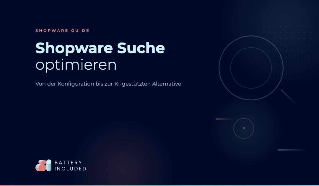 Infografik zur Shopware-Suchoptimierung: Eine stilisierte Suchlupe mit Zahnrad-Symbol auf dunkelblauem Hintergrund symbolisiert die Optimierung der Shopware-Suchfunktion für bessere E-Commerce-Ergebnisse.